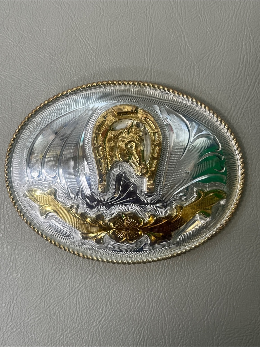 Alpaca Western Horse Shoe Silver & Gold Oval Belt Buckle